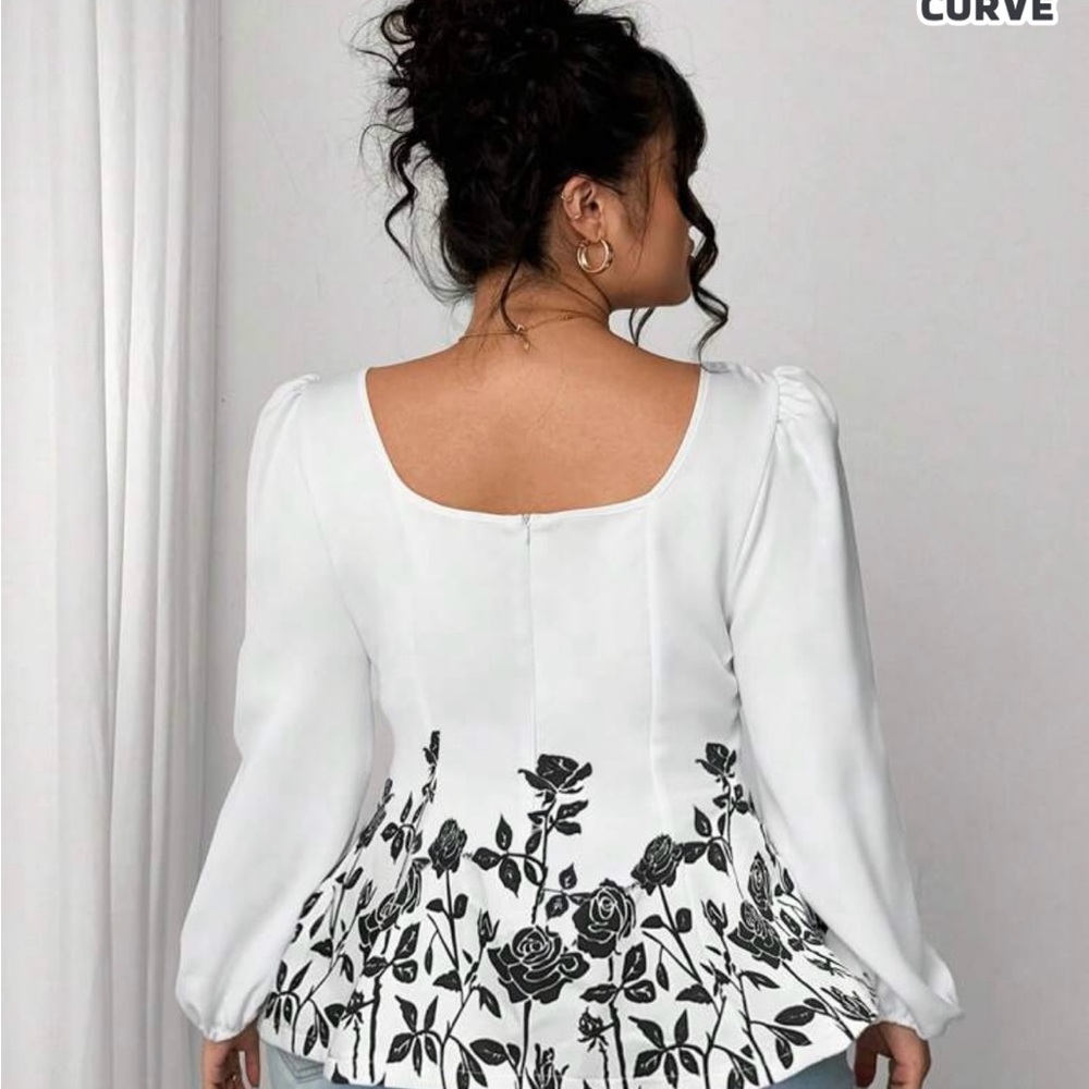 White Blouse with Black Floral Design - Picture 2 of 6